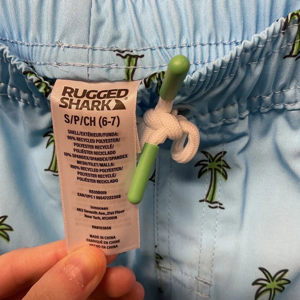 Rugged‎ Shark Kids Swim Blue Palm Tree Size S/P 6-7Elastic Waist Drawstring